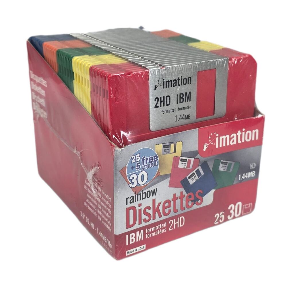 IMATION RAINBOW 3.5” FLOPPY DISKS – 2HD 1.44MB – IBM FORMATTED – SEALED 30 PACK